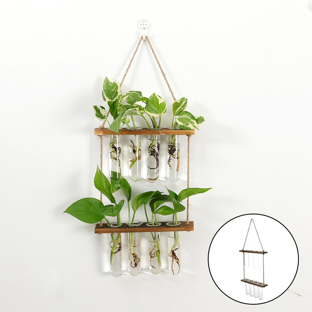 Hanging plant holder with glass vials and wooden shelf on a white background