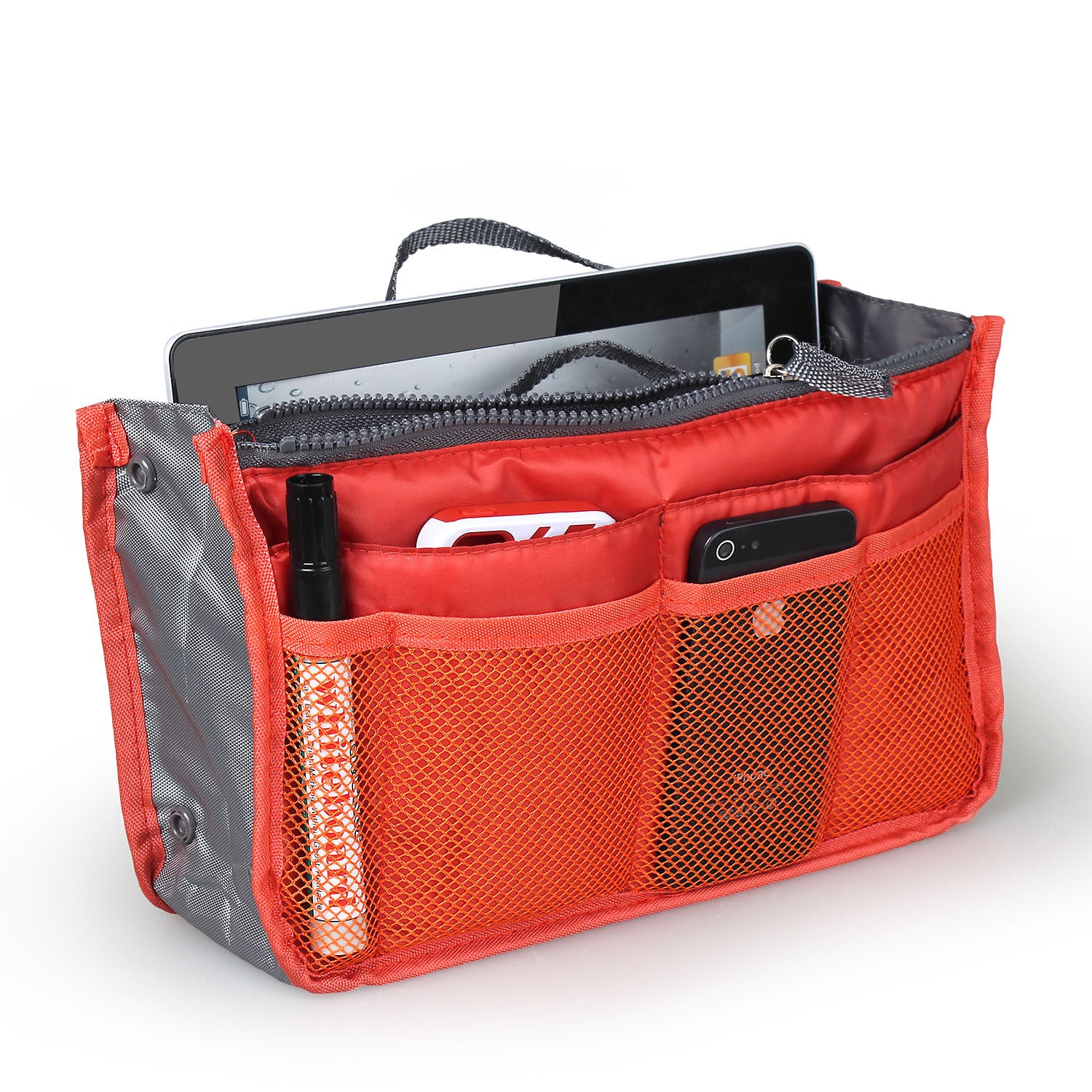 Red and gray organizer bag with compartments holding a tablet, phone, and other items on a white background