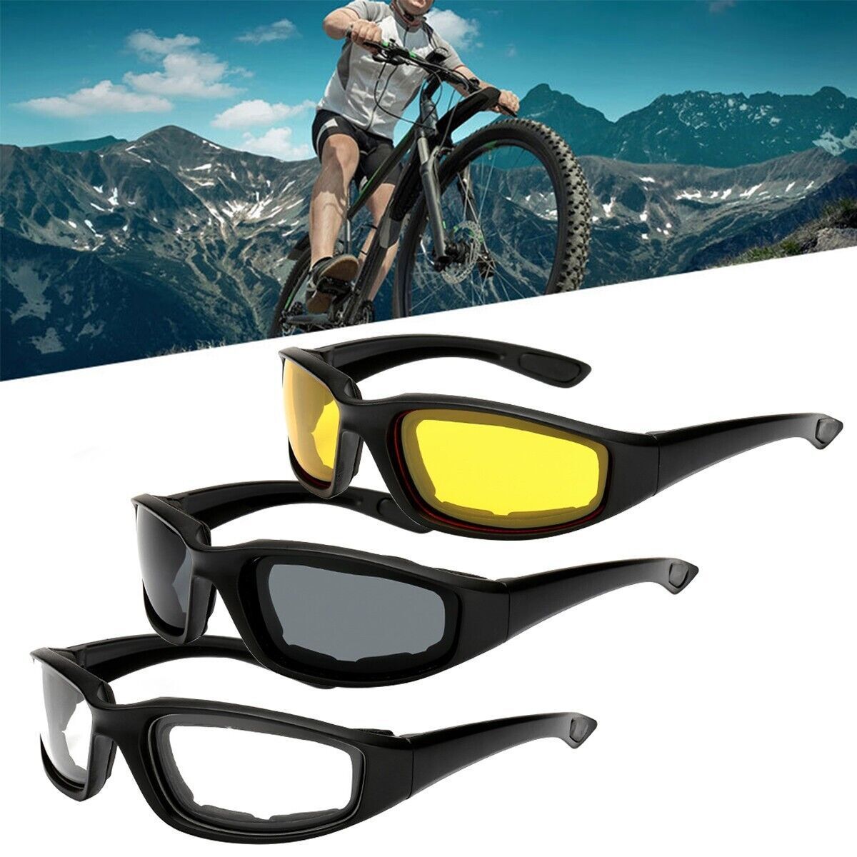 Cycling Sunglasses Chopper Outdoor Sports Glasses For Men Wrap Around UV400 Protection For Fishing Driving Glasses Wind Resistant Clear Yellow Gray Lens 3 Pack