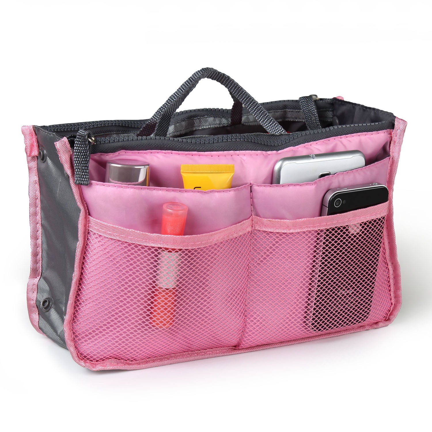Pink and gray organizer bag with various items on a white background
