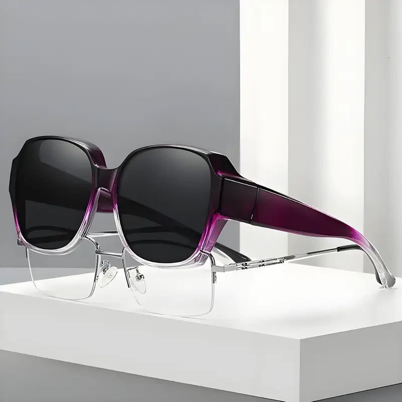 Dual-Use Clip-On Fashion Glasses - Crystals, Stylish Rectangular Design, Unisex, Driving Accessories